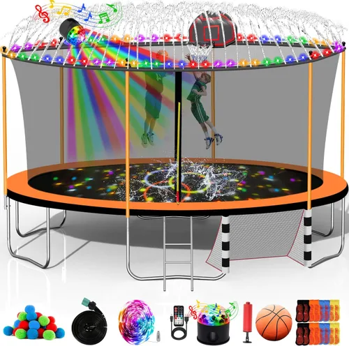 Miniatura 10 de Trampolín de 10 pies, 12 pies, 14 pies, 15 pies, 16 pies, para niños y adultos, trampolín al aire libre de 1500 libras con aro de baloncesto, red