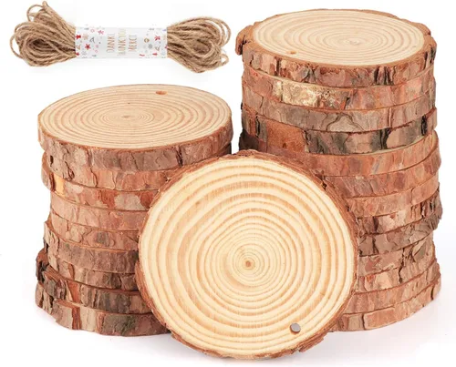 ilauke Rebanadas de madera natural, 30 piezas de 3.1 a 3.5 pulgadas, manualidades de madera sin terminar con agujero preperforado, adornos de 30