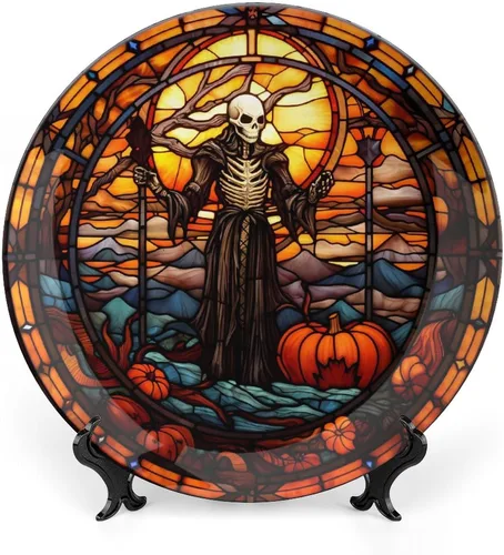 Platos decorativos, diseño de fantasmas de Halloween, vitrales, placa de exhibición para el hogar, oficina, cocina, decoración de mesa, platos de