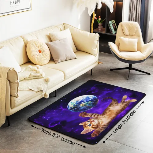 Miniatura 3 de Alfombra decorativa de gato de espacio exterior de 3 x 5 pies, diseño de plantas y gatitos, para niños, adolescentes, galaxia, cielo estrellado