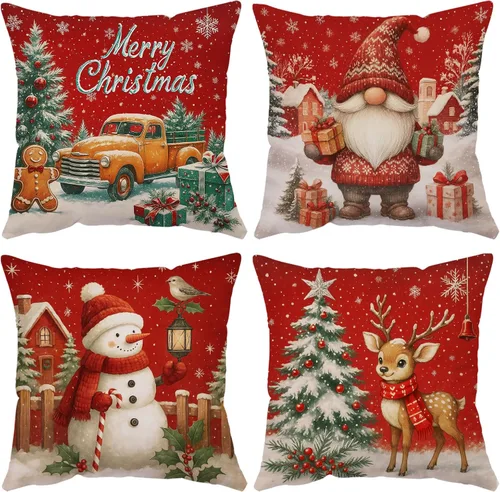 Miniatura 12 de Fundas de Almohada Feliz Navidad 12x12 Juego de 4 Fundas de Almohada de Terciopelo de Navidad Rosa Navidad Invierno Vacaciones Fundas de Almohada