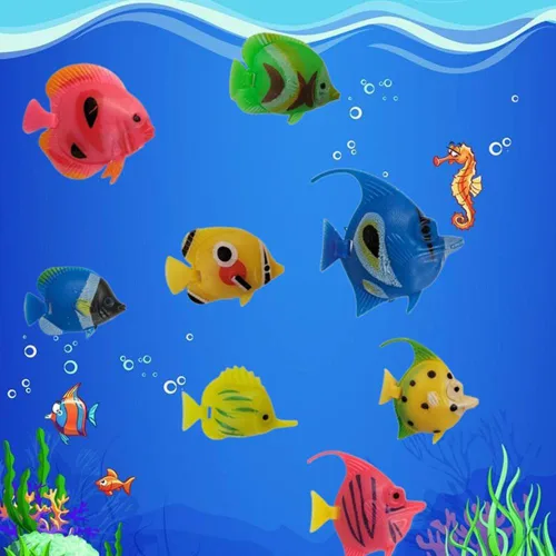 Miniatura 3 de 50 piezas de peces artificiales en movimiento, peces tropicales, pequeños peces falsos en movimiento, decoración flotante de acuario para pecera
