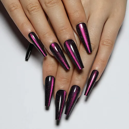 Miniatura 16 de Uñas postizas a presión largas, con brillo azul y diseño, acabado acrílico brillante, de cobertura completa, uñas postizas reutilizables para l002