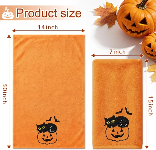Miniatura 2 de Hexagram Halloween Hand Towels for Bathroom Set of 2, Black and Orange Halloween Bathroom Decor Embroidered Ghost Pattern, Soft Luxury Hand Towels