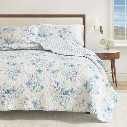 Miniatura 12 de Great Bay Home - Juego de colcha floral tamaño Full/Queen con fundas, juego de ropa de cama azul floral, para todas las estaciones, colcha ligera 06
