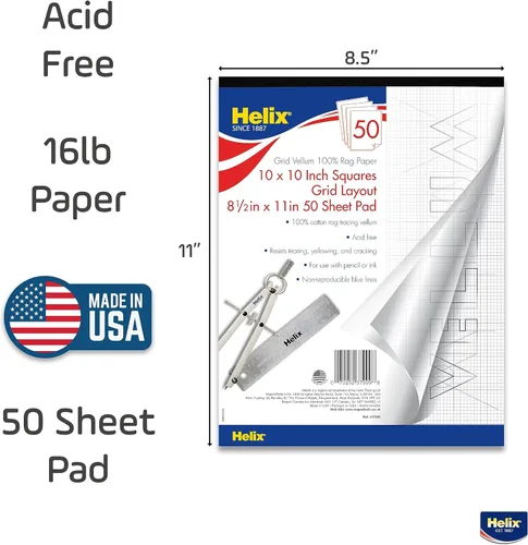Miniatura 4 de Helix - Bloc de papel 100 % vellum de trapo, 1 pulgada equivale a cuadrícula de 10 x 10 pulgadas, 8.5 x 11 pulgadas, bloc de 50 hojas, sin ácidos
