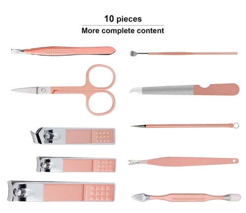 Miniatura 3 de Juego de manicura, mini cortaúñas de viaje, herramientas de cuidado de pedicura, 10 piezas de acero inoxidable kit de aseo (rosa)