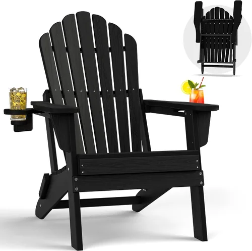 Miniatura 12 de Plawdlik Juego de 2 sillas plegables Adirondack de HDPE, sillas de patio al aire libre resistentes con soportes dobles para tazas, silla para Negro