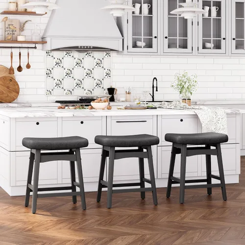 Miniatura 15 de ALPHA HOME Taburete de bar, taburete de cocina de silla de montar de madera maciza con cojín de tela de lino beige, taburete de bar de altura