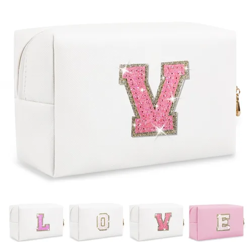 Miniatura 354 de Pequeña bolsa de maquillaje personalizada con inicial A-Z Preppy Patch, bolsa de cosméticos de viaje de felpilla blanca con cremallera, bonita bolsa