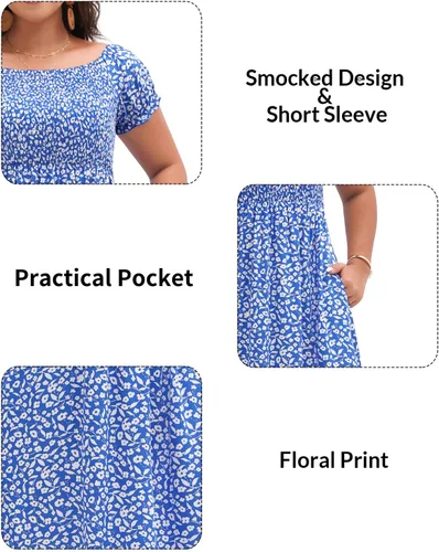 Miniatura 4 de Vestido bohemio para mujer, talla grande, estampado floral, hombros descubiertos, fruncido, dividido, vestido largo de verano