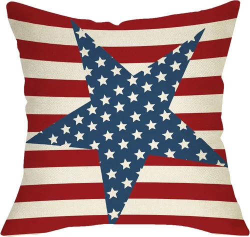 Funda de almohada decorativa patriótica de casa de campo del 4 de julio, decoración de bandera estadounidense vintage, letrero del día de la