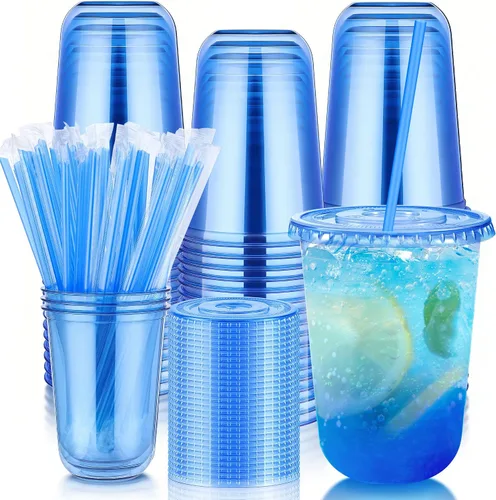 Miniatura 11 de tchrules Juego de 100 vasos de plástico negro de 12 onzas con tapas y pajitas, taza de café helado desechable con tapa, parte inferior redonda