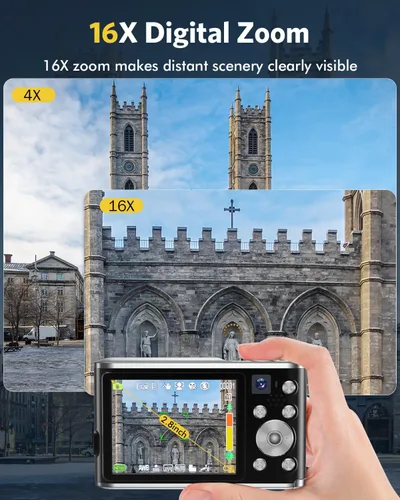 Miniatura 8 de Cámara digital FHD 4K para vlogging con enfoque automático, lente dual de 48MP, zoom digital 16X, pantalla IPS de 2.8" compacta, cámara de video