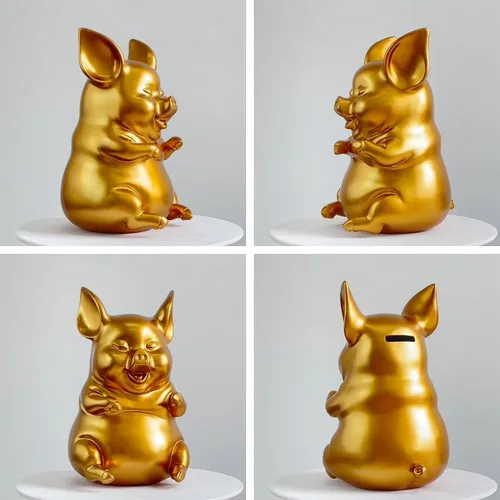 Miniatura 4 de HAUCOZE Alcancía para monedas, estatua de cerdo, escultura moderna, decoración del hogar, dormitorio, arte, regalo, poliresina, oro, 8.3 pulgadas