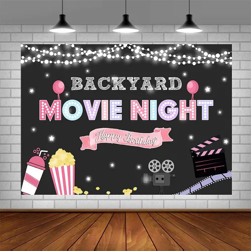 Miniatura 4 de Fondo rosa de 7 x 5 pies con proyector de noche de cine para niñas en el patio trasero, palomitas de maíz, fondo de bebida espumosa, decoración