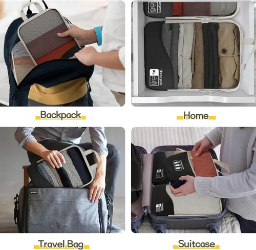 Miniatura 7 de Juego de 8 cubos de embalaje de compresión, cubos de embalaje de compresión con doble cremallera para viajes, bolsas de embalaje de malla