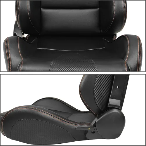 Miniatura 4 de IKON MOTORSPORTS, Par de asientos universales de carreras con deslizadores dobles, color negro con puntada naranja PU y cuero de carbono