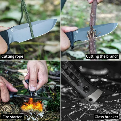 Miniatura 6 de HX OUTDOORS Cuchillo de Hoja Fija para Acampar con Iniciador de Fuego, Cuchillo de Supervivencia Bushcraft de Acero DC53 Premium con Espiga Completa