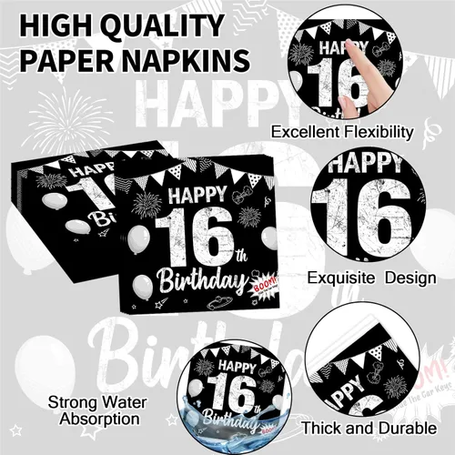Miniatura 4 de Juego de 96 piezas de platos de papel, servilletas y tenedores para fiesta de cumpleaños número 16 para fiesta negra de dulces 16 años, platos