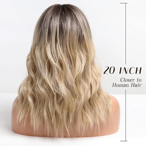 Miniatura 6 de HAIRCUBE Pelucas de color marrón a rubio con flequillo, pelucas sintéticas de cabello rizado, pelucas de cabello largo ondulado natural resistente