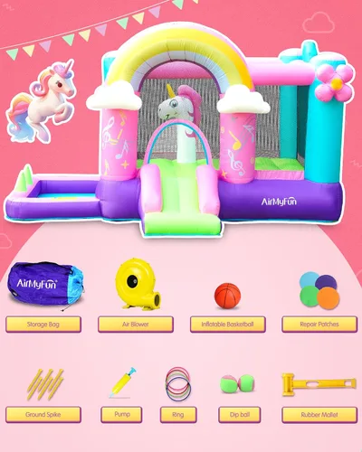 Miniatura 9 de Casa inflable de unicornio con tobogán, casa inflable rosa con soplador de aire, divertido castillo animoso para niñas de 3 a 10 años, ideal