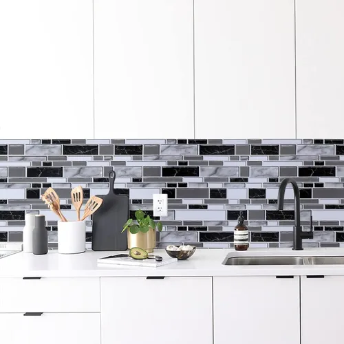 Miniatura 5 de Loseta en muro adhesiva de color blanco y negro para cocina, papel tapiz removible de 11.8 x 196.8 pulgadas, papel adhesivo con azulejos para baño