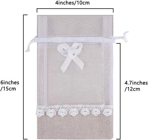 Miniatura 2 de SumDirect Bolsa de arpillera con cordón de rosa, 20 bolsas de regalo de organza de yute de encaje de 4 x 6 pulgadas, bolsas de regalo de lino