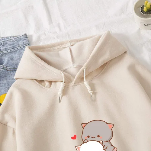 Miniatura 3 de Sudadera con capucha de algodón casual con diseño de gato de dibujos animados Kawaii para mujer