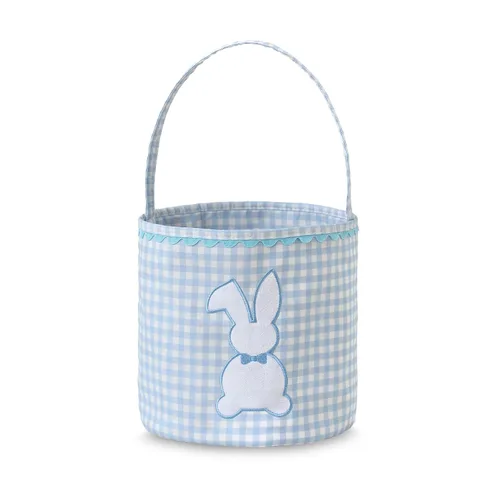 DYSHAYEN Cesta de Pascua de conejo, cubo de Pascua vacío a cuadros con asa para caza de huevos de Pascua, decoraciones de fiesta (azul)
