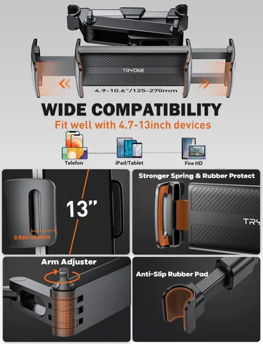 Miniatura 6 de Tryone Soporte para tablet para reposacabezas de automóvil, soporte elástico para tabletas para asiento trasero para niños, soportes de asiento