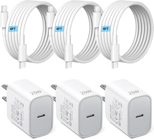 Paquete de 3 cargadores tipo C con cable de 1.8 m de carga rápida para iPhone 17/16/15, bloques de carga USB C de 25 W súper rápidos para Samsung