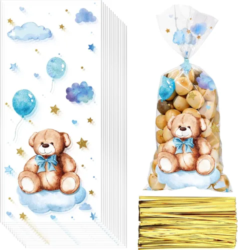 Maitys 100 piezas de bolsas de celofán con forma de osos para fiesta de baby shower, bolsas de plástico para dulces con 100 lazos dorados, bolsas de