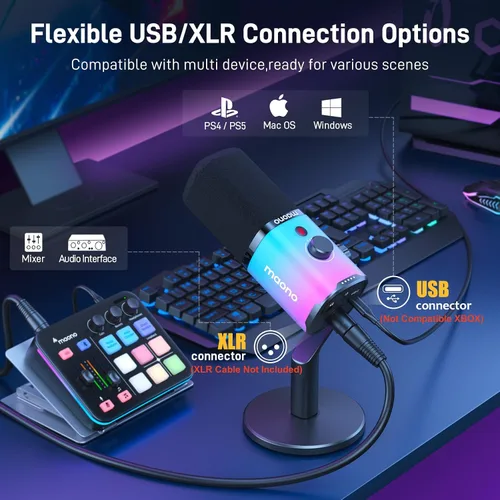 Miniatura 6 de MAONO - Micrófono dinámico para juegos Micrófono de transmisión USB/XLR para PC, grabación de pódcast, software personalizable, RGB, botón