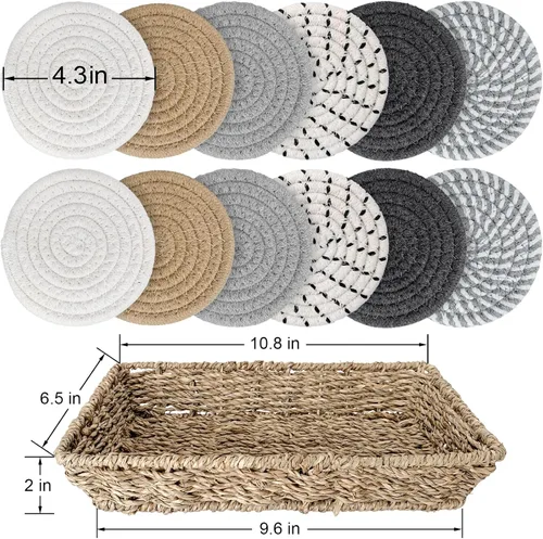 Miniatura 2 de 12 piezas de posavasos tejidos a mano para bebidas, juego de posavasos absorbentes y aislantes de algodón con soporte de cesta de esparto, boho