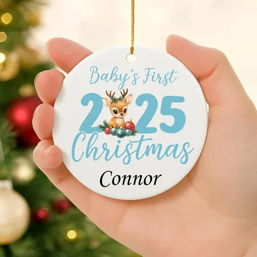 Miniatura 6 de Adorno personalizado para la primera Navidad del bebé 2025, recuerdo redondo de cerámica con nombre personalizado, decoración de árbol de Navidad