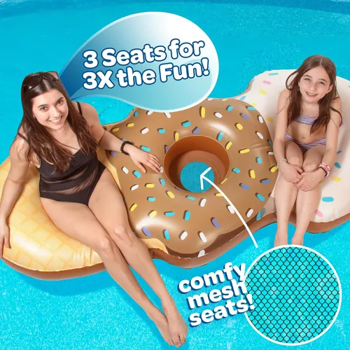 Miniatura 4 de Flotador inflable gigante XL para 3 personas con cono de helado para piscina, casi 7 pies de largo. Asientos de malla, 4 veces más grueso para más