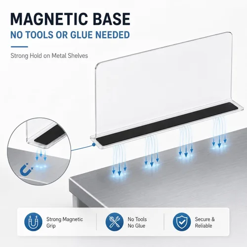 Miniatura 2 de Baluue Paquete de 5 separadores magnéticos para estantes de metal, separadores de estantes de PVC transparente para acero, exhibiciones minoristas