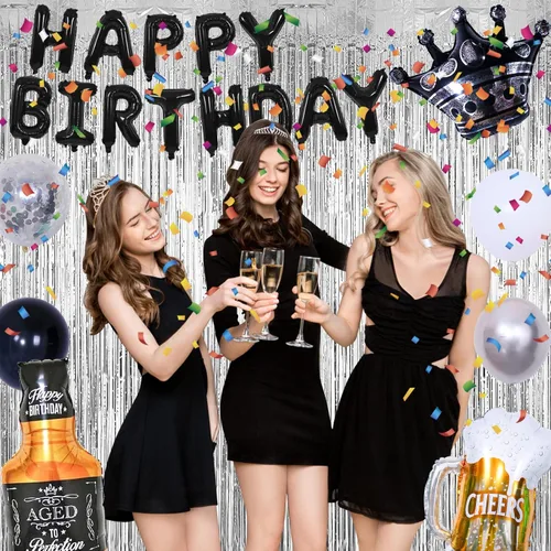 Miniatura 3 de Globos de cumpleaños negros y plateados para hombres y mujeres, decoraciones de feliz cumpleaños para niños, pancarta de globos de feliz cumpleaños