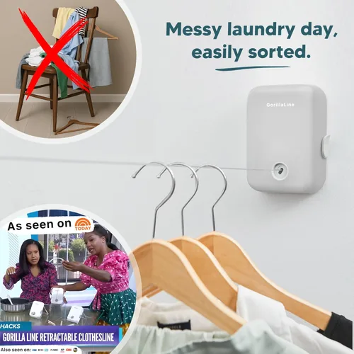 Miniatura 3 de GorillaLine Tendedero retráctil, para interiores y exteriores, línea de ropa resistente montada en la pared, estante de secado que ahorra espacio