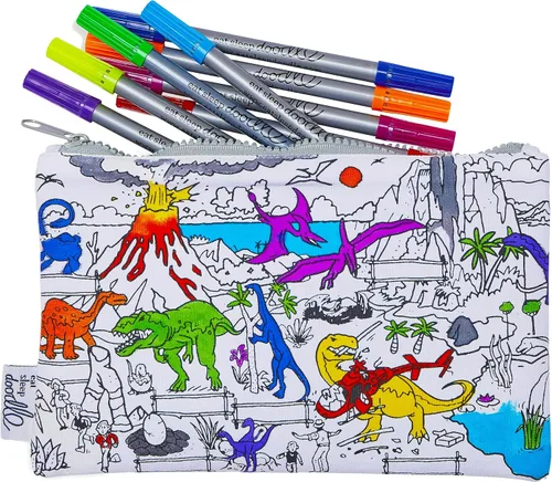 eatsleepdoodle Estuche para lápices de dinosaurio para colorear para niños con 10 marcadores lavables, organizador de suministros de arte