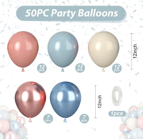 Miniatura 2 de Globos Azul Polvoriento y Rosa, 50 piezas Globos Retro Rosa y Azul, Globo de Oro Rosa Metálico Claro para Niña Niño Fiesta de Cumpleaños Boho Baby