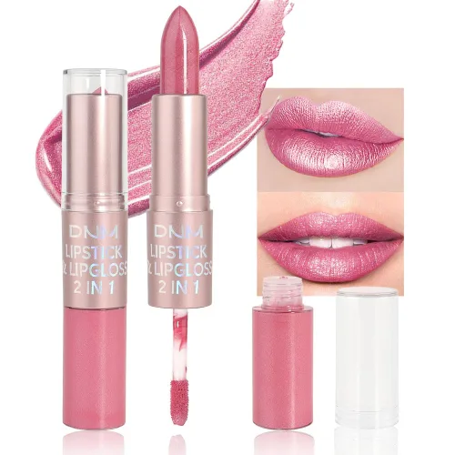 Miniatura 17 de evpct Juego de lápiz labial y brillo de labios 2 en 1 con purpurina color rosa nude metálico brillante para mujeres, de larga duración, impermeable