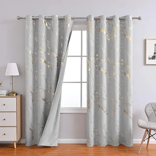 Miniatura 29 de WUBODTI Cortinas 100% Opacas de Mármol Beige de 63 Pulgadas de Largo 2 Paneles, Cortina Corta con Ojales de Impresión de Lámina Dorada Moderna
