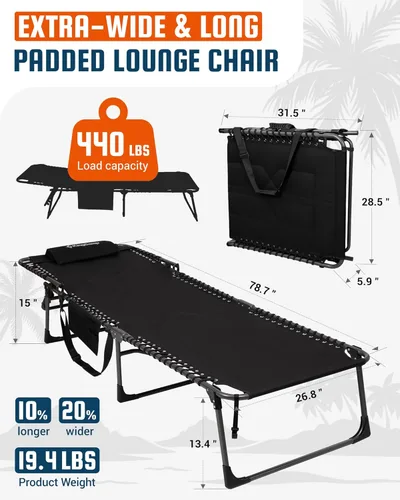 Miniatura 2 de KingCamp Silla bronceadora de gran tamaño, extra ancha, acolchada, plegable, portátil, ajustable, 5 posiciones, 440 libras, tumbona resistente