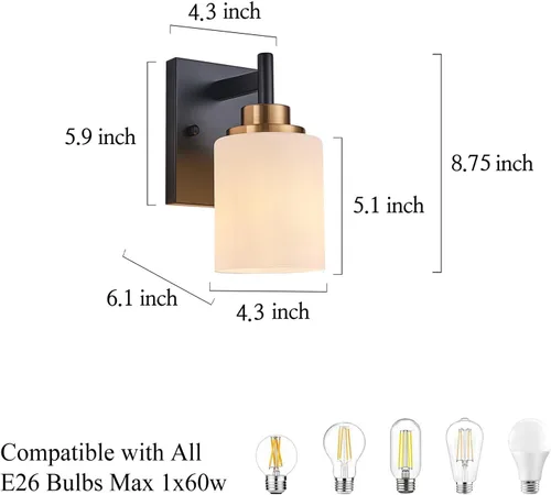 Miniatura 4 de Apliques de pared para baño negros y dorados, juego de 2 1 luz, 4.375 pulgadas de ancho, lámpara de tocador de vidrio blanco - Montaje de pared
