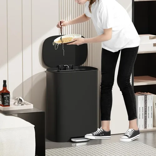 Miniatura 9 de Bote de basura negro de 13 galones con pedal de metal de acero inoxidable para cocina con tapa, cierre suave y silencioso, bote de basura grande