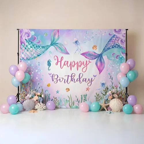 Miniatura 2 de Mocsicka Telón de fondo de cumpleaños de sirena de 7 x 5 pies, decoración de fantasía bajo el mar, decoración para niñas, fondo de fotografía