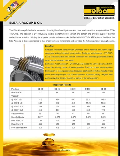 Miniatura 4 de ELBA AIRCOMP-D 100. Aceite de compresor de AIRE. ISO VG 100, aceite de compresor de AIRE sintético SEMI. Comparar con: COMPRO, RARUS 427.AC-2A, AEON