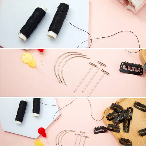Miniatura 3 de Juego de 85 extensiones de cabello con clip, incluye 50 clips a presión en forma de U, 10 agujas curvas, 20 pines en T, 3 rollos de hilo de tejer, 2